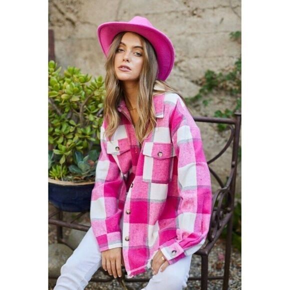 Blue B Hot Pink Frayed Plaid Flannel Shacket Button Up Shirt New S-L 32331J - Picture 4 of 8